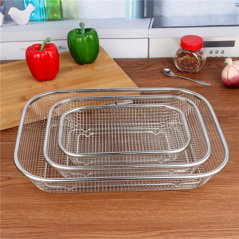 Xingyue 304 stainless steel square basket multi-purpose mesh basket vegetable washing basket rectangular fruit basket drain basin vegetable basket mesh basin mesh basket large dense mesh basket 29X21CM aperture 2MM