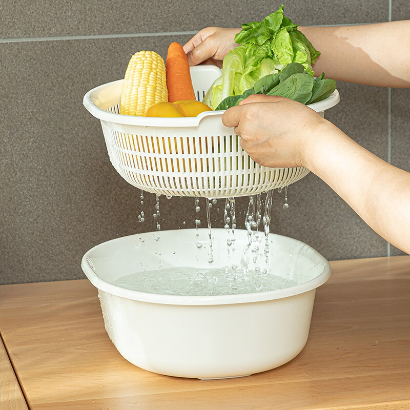 Sungsa Japan imported double-layer plastic sink large vegetable basket fruit basket kitchen hollow draining dish storage basket green set basin + draining basket