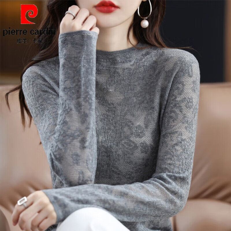 Pierre Cardin (Pierre Cardin) Lace Bottoming Top Women's Spring Autumn Winter 2026 New Style Mother's Long Sleeve Half Turtle Collar Top Women's Lace Gray 2XL Recommended 125-140 catties