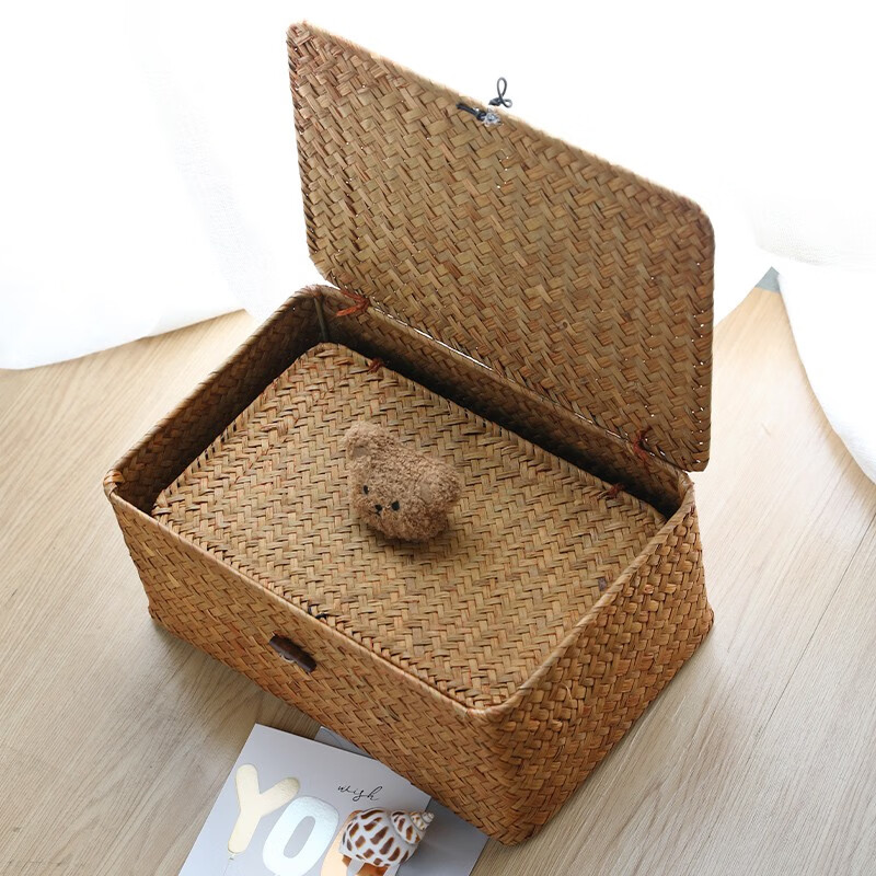 Ken s desktop storage box rattan straw gift box with lid dustproof sundry basket creative gift box jewelry box bear style orange rectangular large size