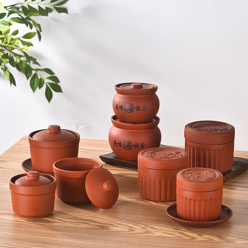 Rainbow Bird purple sand roasted pear jar household commercial double-lid bird's nest water-proof stewed Buddha jumping wall earthen jar flat lid small stew pot steamed egg stew pot large round