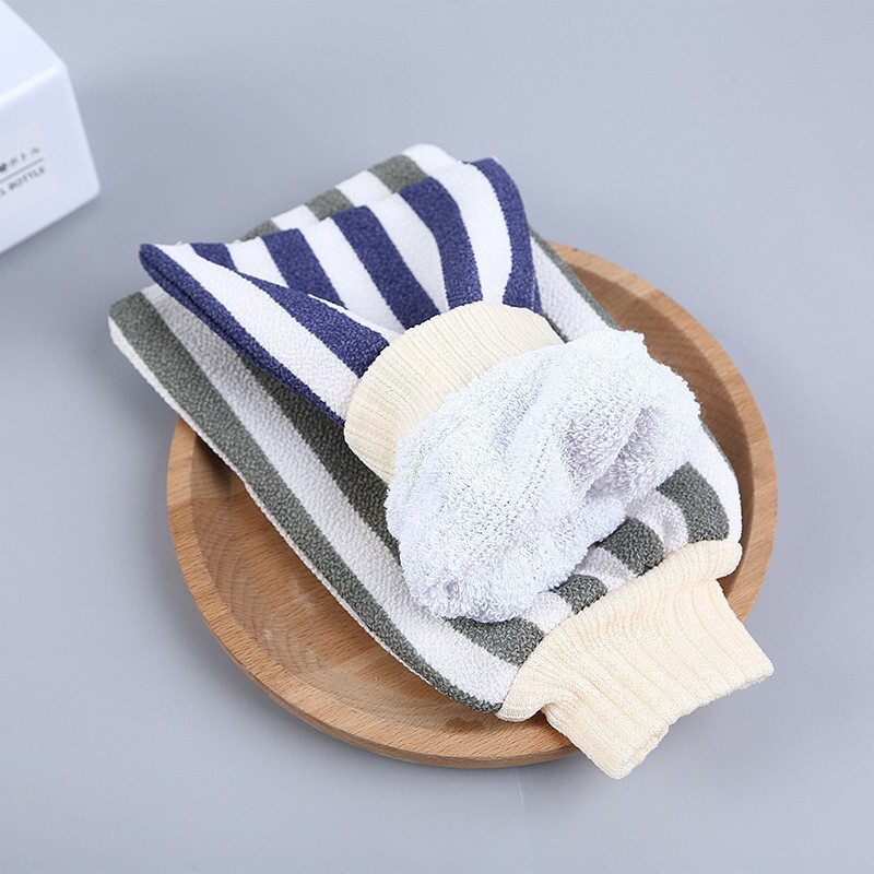 Striped bathing gloves for adults, back scrubbing, double-sided bath towels for women and men, mud bathing towels, green + navy blue, 2 pieces