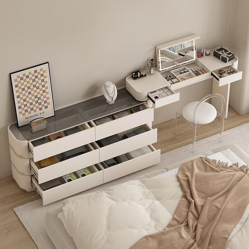 He Guan solid wood retractable bedroom desk and dresser integrated L-shaped cream style French bedside cabinet flip-top makeup mirror with light cabinet light strip-1.2 meter cabinet-ENF all solid wood