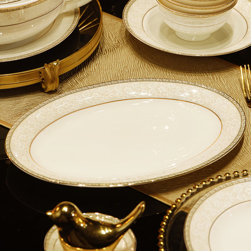 NINE CRANES Jingdezhen tableware set, housewarming gift, ceramic bowl and plate set, household light luxury porcelain bowl and plate set, suitable for microwave oven, 10-person accessory pot, 56-piece set