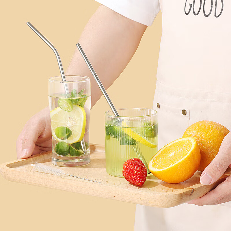 Baijie 304 stainless steel straws, non-disposable metal elbow creative milk tea long thick straws, two packs
