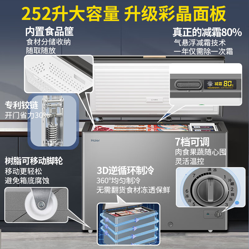Haier freezer household 200/300 liter large capacity fully frozen ultra-low temperature quick-freezing small freezer dual-purpose freezer and refrigeration first-level energy saving no need for frequent defrosting small freezer 252 liters new first-level high-end version + color crystal tempered glass panel 252L