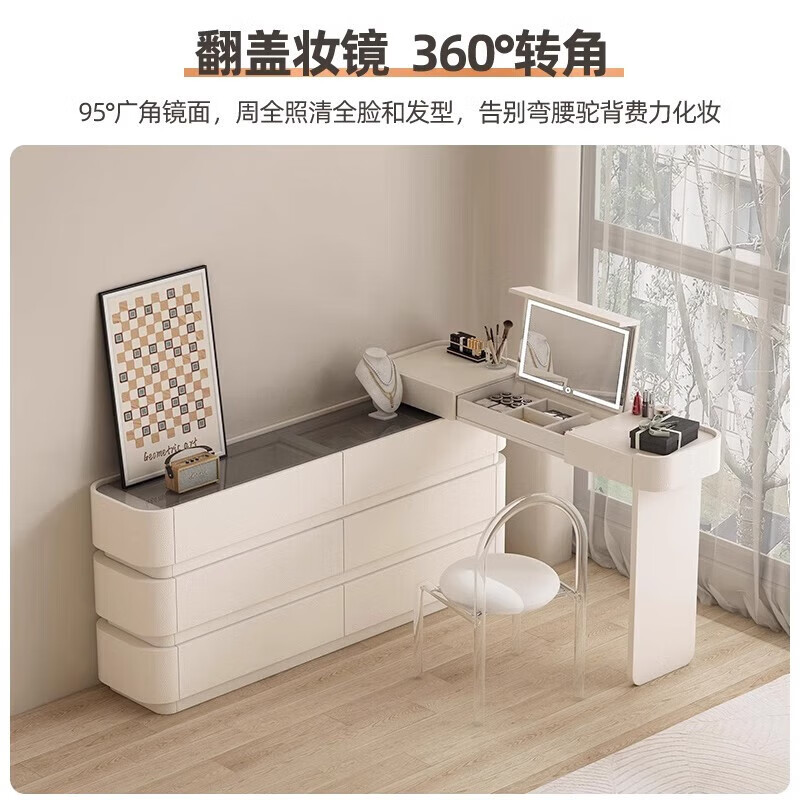 He Guan solid wood retractable bedroom desk and dresser integrated L-shaped cream style French bedside cabinet flip-top makeup mirror with light cabinet light strip-1.2 meter cabinet-ENF all solid wood