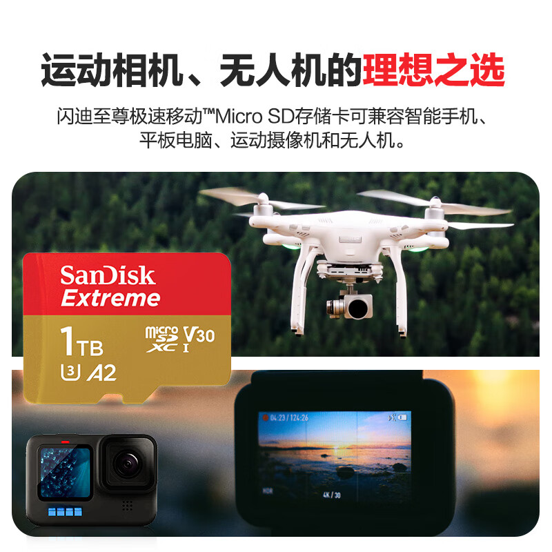 SanDisk 1TB TF (MicroSD) memory card 4K speed gold card A2 V30 U3 driving recorder action camera drone surveillance memory card read 190MB/s