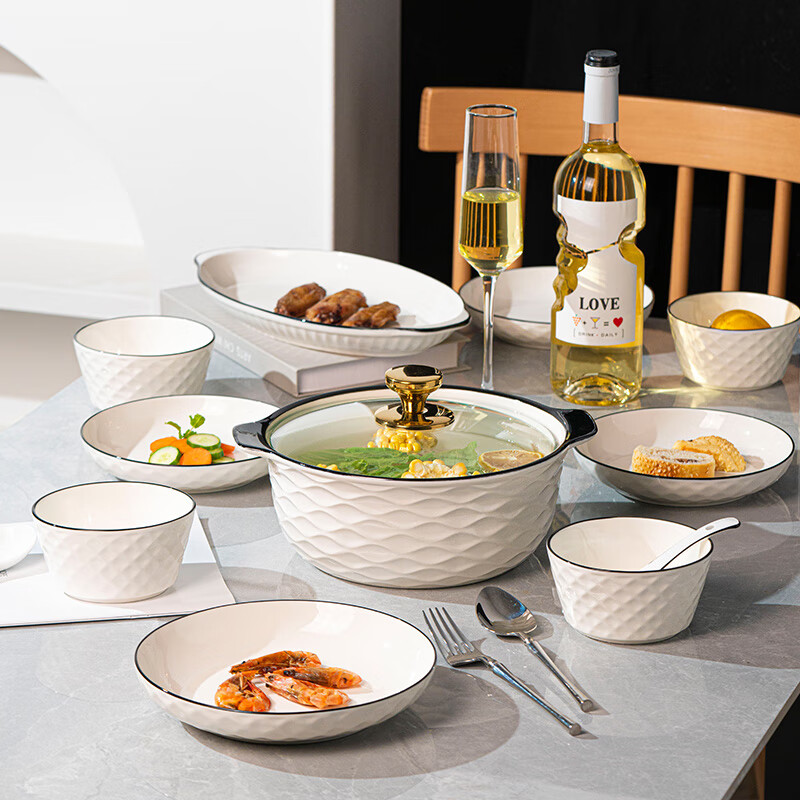 Guanpu bowl and dish set household Jingdezhen bowls high-value ceramic bowls and plates bowls and chopsticks plate set housewarming tableware set diamond pattern 12 people food (soup pot configuration) 63-piece set