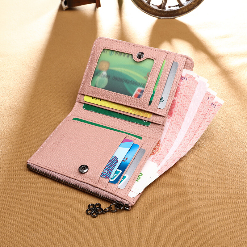 Viney new two-fold cowhide wallet women's short wallet wallet clutch bag small coin purse as a birthday gift for my wife, pink, for my wife and girlfriend, high-end and practical