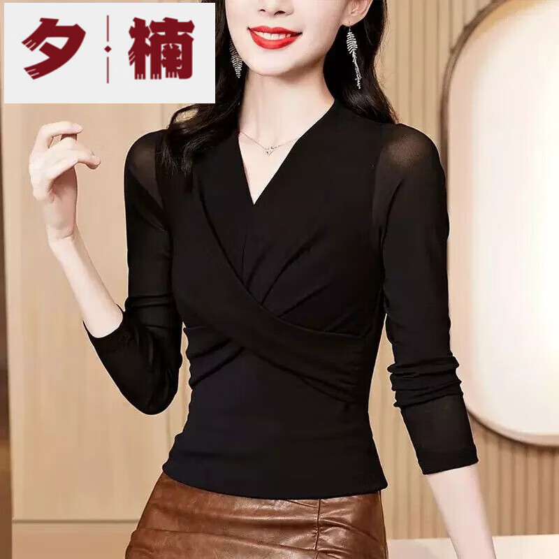 Xinan mesh bottoming shirt with spring and autumn V-neck western style slim top for women new fashion long-sleeved T-shirt for women black round-neck 2XL recommended 125-140 pounds