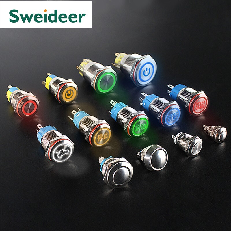Metal push button switch 8/10/12/16/19/22MM self-resetting self-locking waterproof with indicator light small start stop button switch 12MM spherical self-resetting screw foot