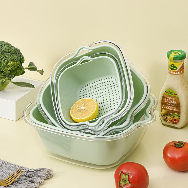 KANGZHIBAN sink plastic drain basket double-layer kitchen drain basket fruit plate vegetable basket thickened rice washing dish small/medium/large 6-piece set green