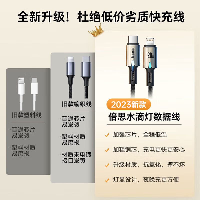 Baseus Apple data cable PD fast charging cable 20W charging cable suitable for iPhone14/13/12ProMax/xs mobile phone car with night light braided extension 2 meters black