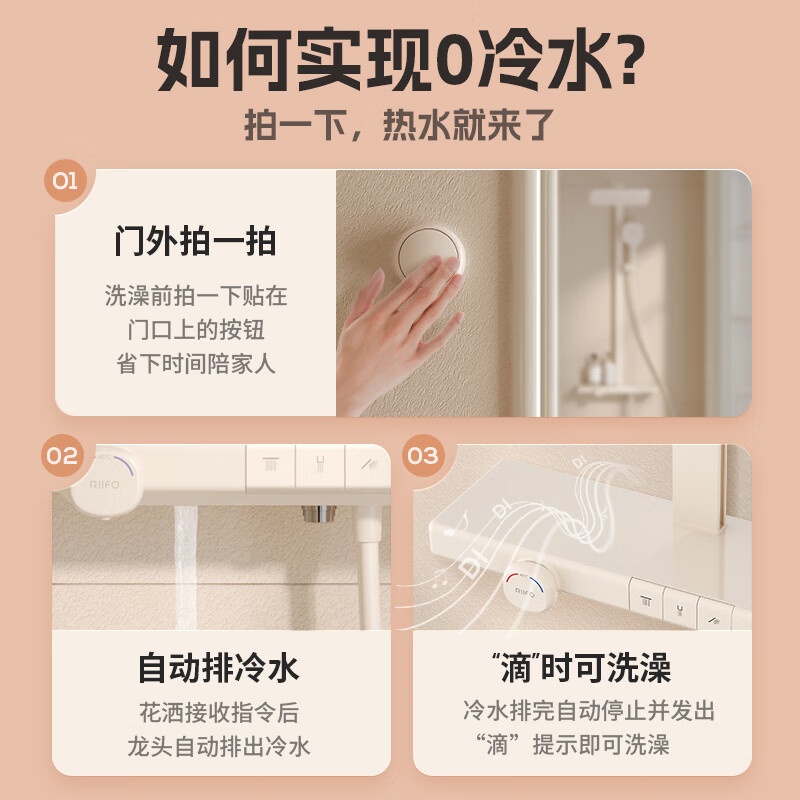 Rifeng Cream Style White Zero Cold Water Intelligent Digital Display Constant Temperature Shower Bath Constant Temperature Shower Set Booster Milk White Round Tube Three-Function Shower-