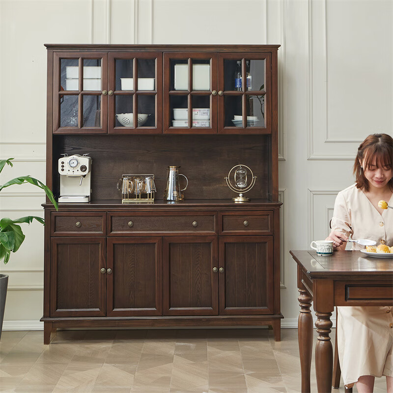 Jiumu Jiumei solid wood sideboard integrated wall high cabinet home living room multi-functional tea cabinet wine cabinet side cabinet storage storage cabinet 155cm upper and lower combination two-color