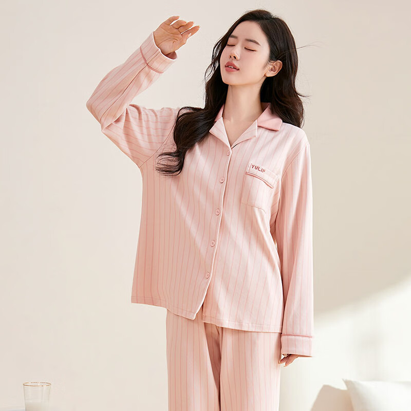 Fenton Ke'an pajamas women's pure cotton striped cardigan lapel women's home wear suit soft cotton cotton