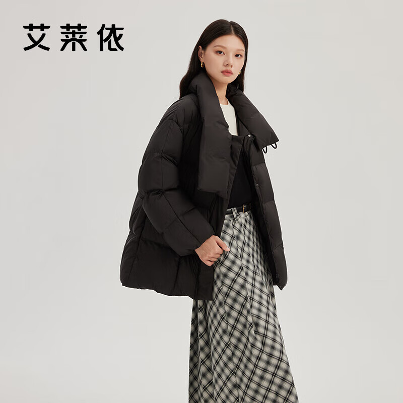 Ai Lai Down Jacket Women's Fashion Scarf Horn Button Mid-Length Windproof Warm Winter New Year Jacket Carbon Black S