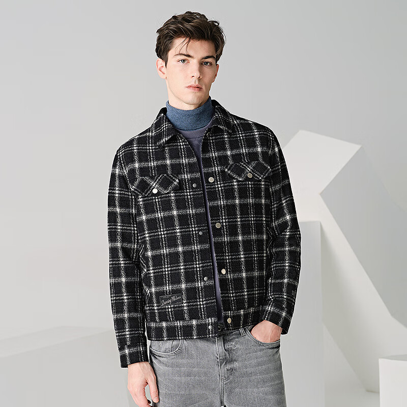 Dances with Wolves Down Liner Autumn and Winter Small Fragrance Style Lapel Plaid Down Jacket Warm Jacket 001 Black 180