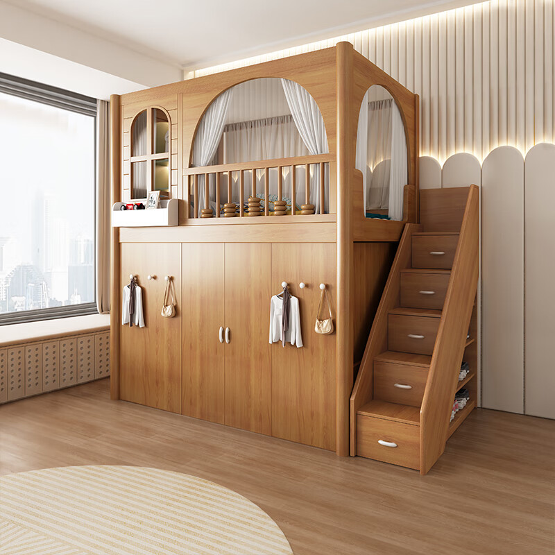 Hanmu high and low bed with desk integrated overhead wardrobe double-layer children's bed multifunctional combination bunk bed and table, ladder cabinet + overhead bed + cloakroom + 1 mattress 1.2*1.9m