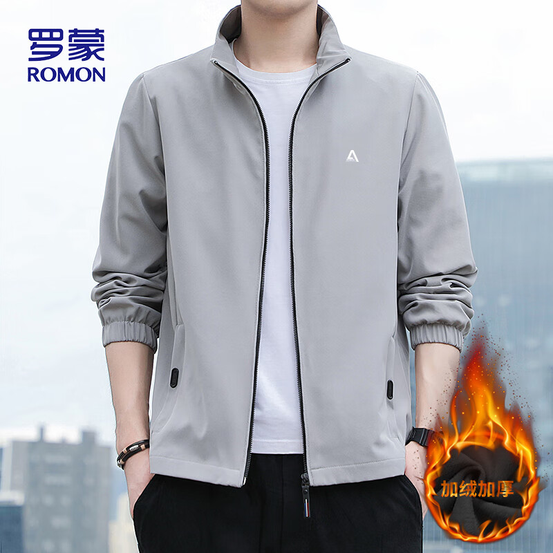 ROMON jacket men's trendy winter business executive stand collar casual windproof plus velvet jacket men's JK83 black 3XL