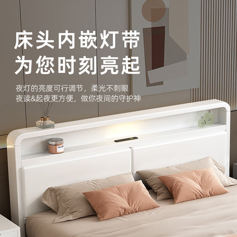 Engelberg solid wood bed rubber wood 100% pure solid wood 1.5m double bed single bed simple bedroom large bed rental room bed single bed cream white soft cover 1.8*2m frame structure