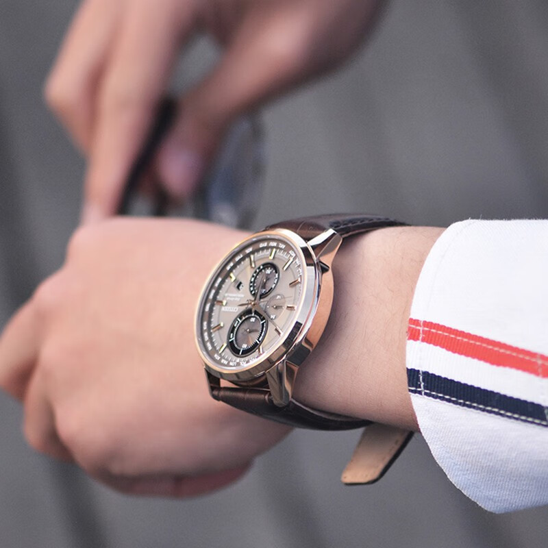 CITIZEN watch Eco-Drive sun and star dual display perpetual calendar Japanese and Korean business men's watch gray plate rose gold three-eye men's watch AT8113-12H