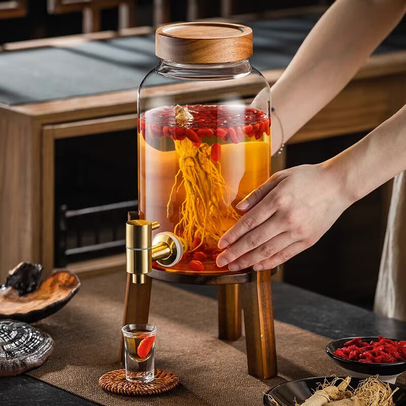 Genas glass wine bottle with faucet base wine container sealed jar household green plum and ginseng medicinal wine wine jar 4L