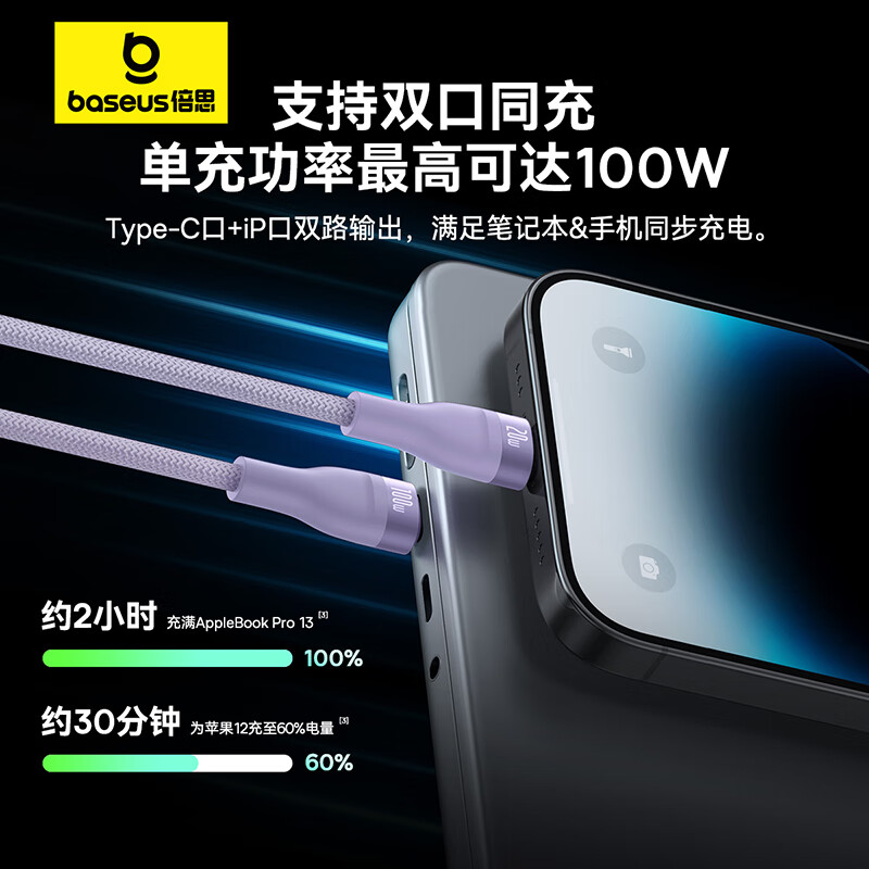 Baseus Type-C data cable two-in-one fast charging cable 100W charging cable one-to-two car cable suitable for Apple 15/16/17 mobile phones iPad Huawei Xiaomi laptop