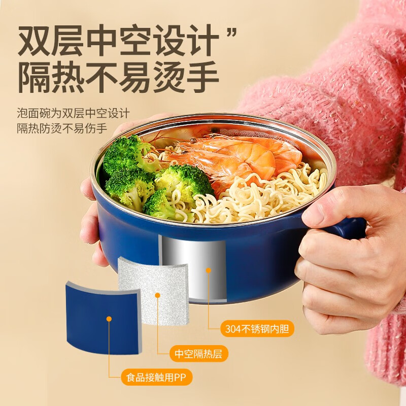 CAIZHI 304 stainless steel instant noodle bowl with lid, student noodle bowl, fast food cup, rice bowl, chopsticks and tableware set 304 instant noodle bowl 5-piece set, blue and yellow 6558