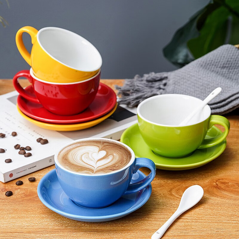Mongdio European Ceramic Coffee Cup and Saucer Home Latte Cup Large Capacity 300ml Latte Art Cup and Saucer Set White 300ml