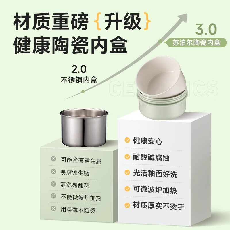 SUPOR has a handbag, insulated lunch box, ceramic bowl, multi-layered lunch box for office workers, lunch box, microwaveable, basil green, ceramic liner, 4 layers, 2700ml