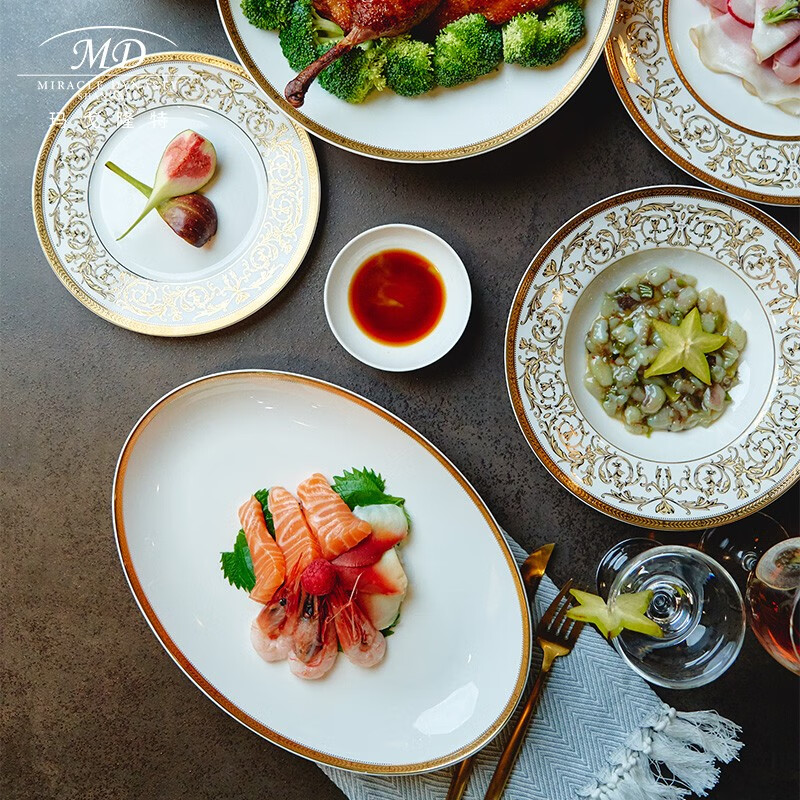 Magalonte Valentine's Day Gift Golden Han Palace Bone China Tableware Set European Light Luxury Banquet Dinner Plate Set for 10 People