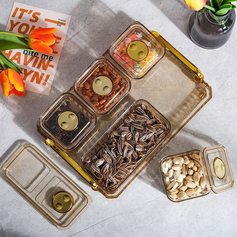 Raf core snack box, a box for storing snacks, food-grade snack storage box, high-end light luxury candy box for living room, divided water, gold amber color, 5 compartments (sealed with lid)