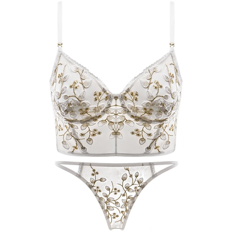 Glambody Heavy Embroidery Beautiful Back Bra Women's Small Breast Gathering Summer Thin Sexy Vest Style Wearable Bra Set 682258 Black Set M (Suitable for 70C-75AB)