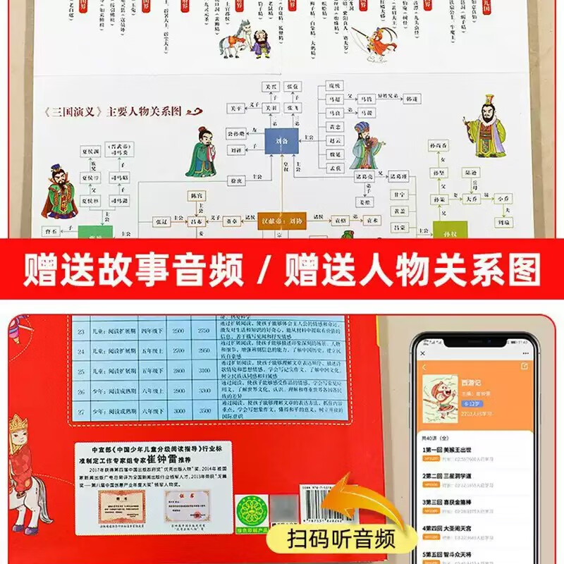 A complete set of 4 authentic phonetic versions of the Four Great Comics Comics for primary school students, with audio accompanying readings and pinyin readings with character relationship diagrams, must-read extracurricular books for primary school students in the first and second grades, extracurricular books, Chinese fairy tales and mythology story books, comics Journey to the West, children's picture books, Romance of the Three Kingdoms, villain books, Water Margin, Dream of the Red Mansions, classical masterpieces, kindergarten picture books, original children's books