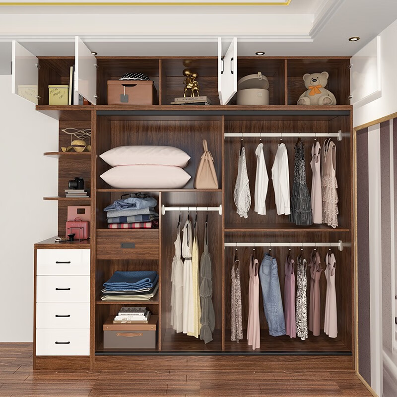 Bai Qian free installation wardrobe sliding door simple cabinet home bedroom storage storage wardrobe large capacity wardrobe white + black walnut color 200 long three-door main cabinet + top cabinet + side cabinet