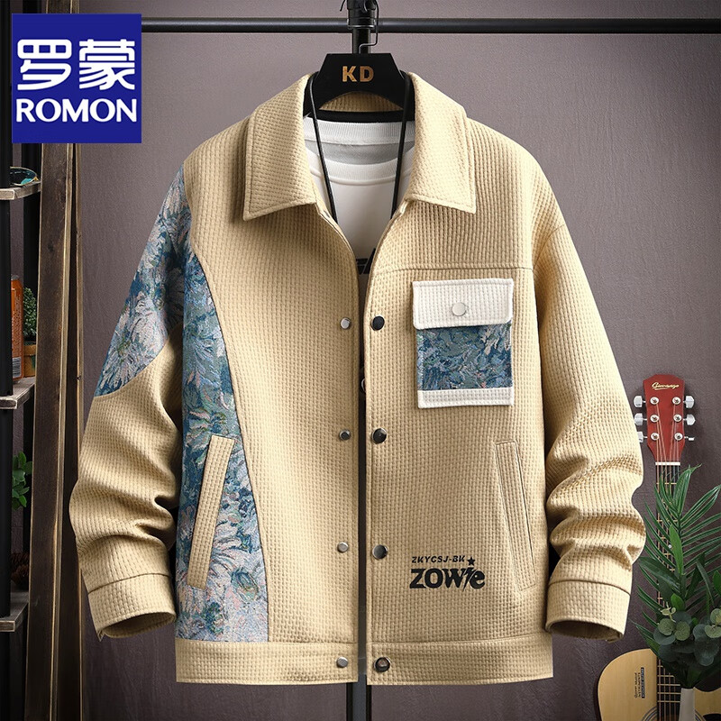 ROMON Waffle Jacket Men's Autumn and Winter Ethnic Style Splicing Loose Casual Lapel Jacket Handsome Winter Top 525 White