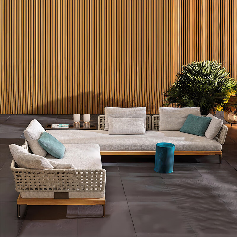 Zhejun outdoor courtyard garden leisure solid wood sofa furniture rattan chair villa hotel open-air sun room coffee table combination teak style-combination 1