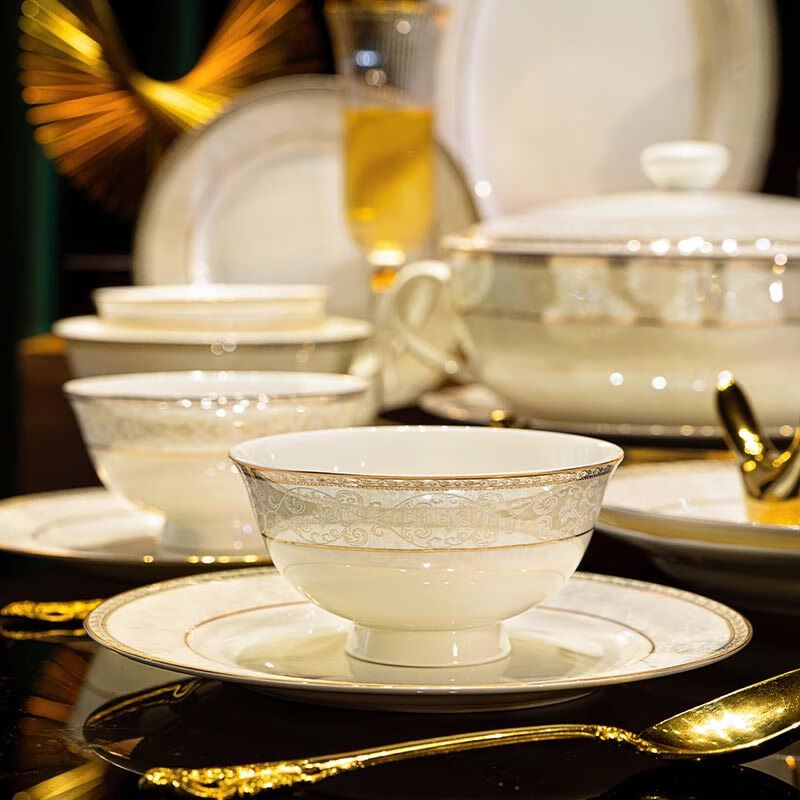 NINE CRANES Jingdezhen tableware set, housewarming gift, ceramic bowl and plate set, household light luxury porcelain bowl and plate set, suitable for microwave oven, 10-person accessory pot, 56-piece set