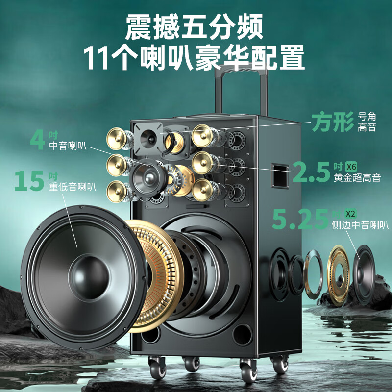 Xinke Tianlai No. 19 square dance outdoor audio 15-inch bass pull rod audio speaker type pull rod Bluetooth electric acoustic guitar bass folk singing instrument speaker wireless dual microphone