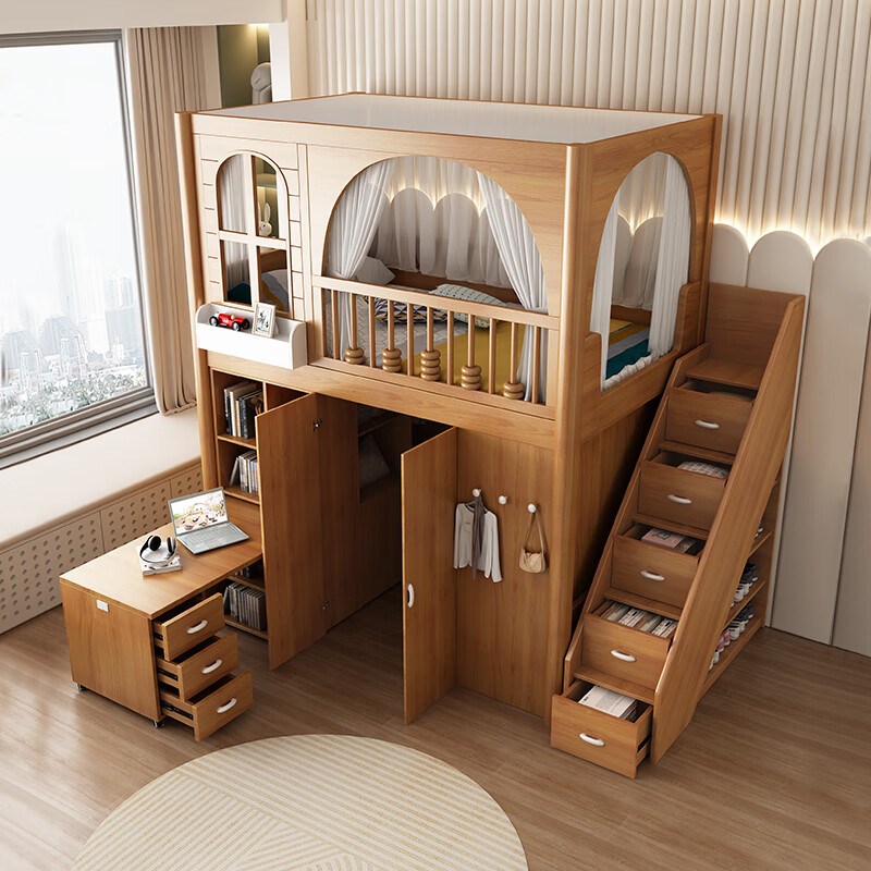 Hanmu high and low bed with desk integrated overhead wardrobe double-layer children's bed multifunctional combination bunk bed and table, ladder cabinet + overhead bed + cloakroom + 1 mattress 1.2*1.9m