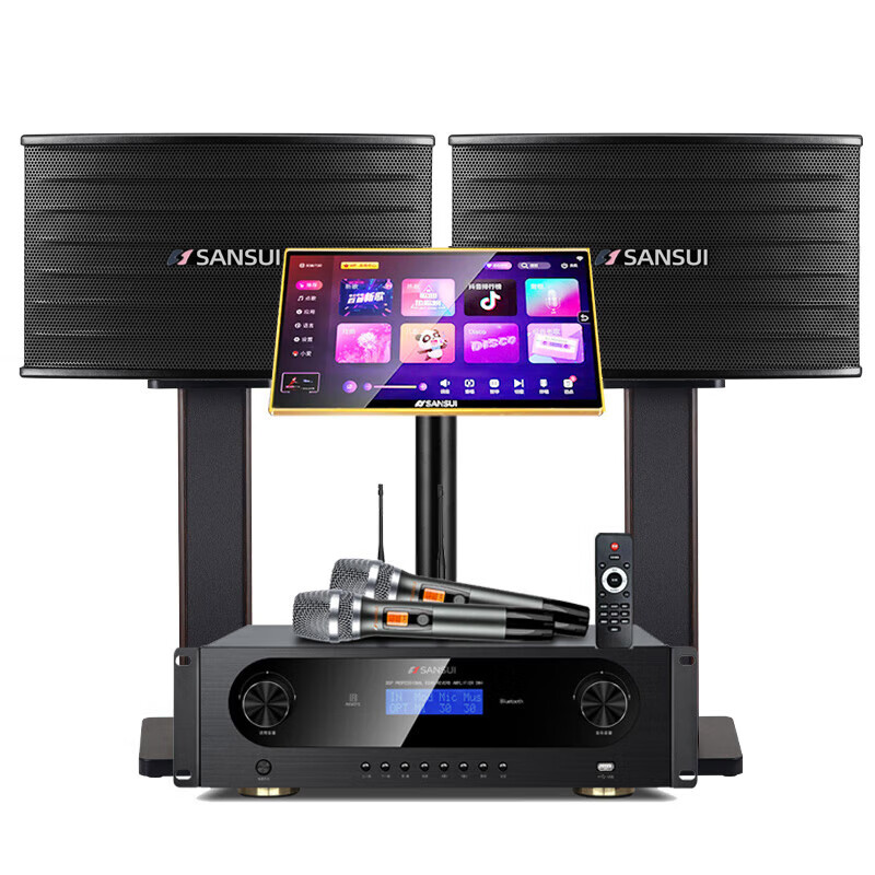SANSUI PK09 home professional TV karaoke sound set SQ12 high-power KTV stage conference club banquet hall jukebox home theater card package speaker set 10-inch audio + power amplifier + U section microphone + 20-inch 3T