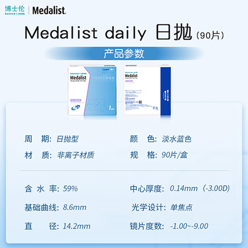Bausch & Lomb daily disposable contact lenses 90 pieces Medalist transparent myopia high definition original imported comfortable and moisturizing 900 degrees