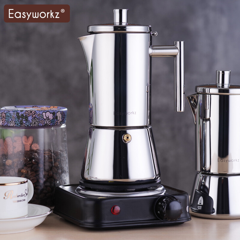 Easyworkz Moka Pot Italian Household 304 Stainless Steel Hand-brewed Coffee Pot Set Induction Stove Heated Espresso Coffee Maker Half Black Model 500ml (Filter Paper Comes with Electric Stove)