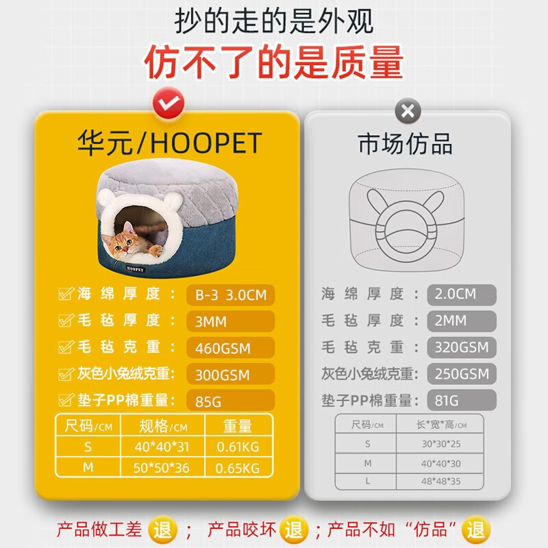 Huayuan Pets (hoopet) Cat House Closed Four-Season Cat House Cat Bed Kitten Winter Warm Cat House Removable and Washable Mat Pet Nest Dual-Purpose Closed Cat House Removable and Washable Mat M 50*50*H36cm (suitable for cats under 15 pounds)