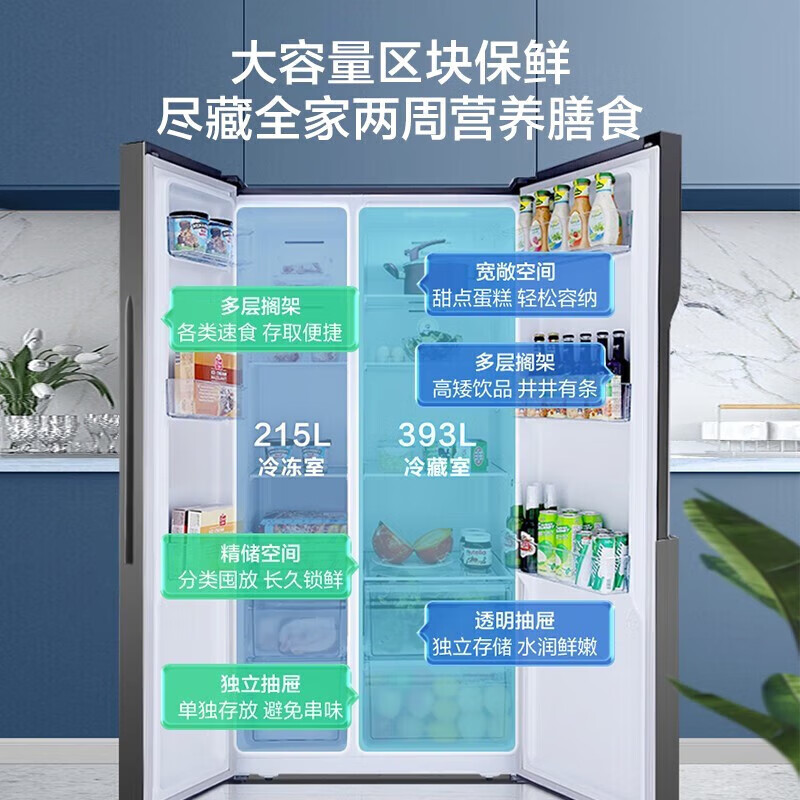 Rongsheng 608L/637L double-door door-to-door refrigerator household first-class energy efficiency variable frequency air-cooled frost-free energy-saving ultra-thin large-capacity refrigerator trade-in state subsidy high cost-effective BCD-608WD18HP+Mo Yun Gray