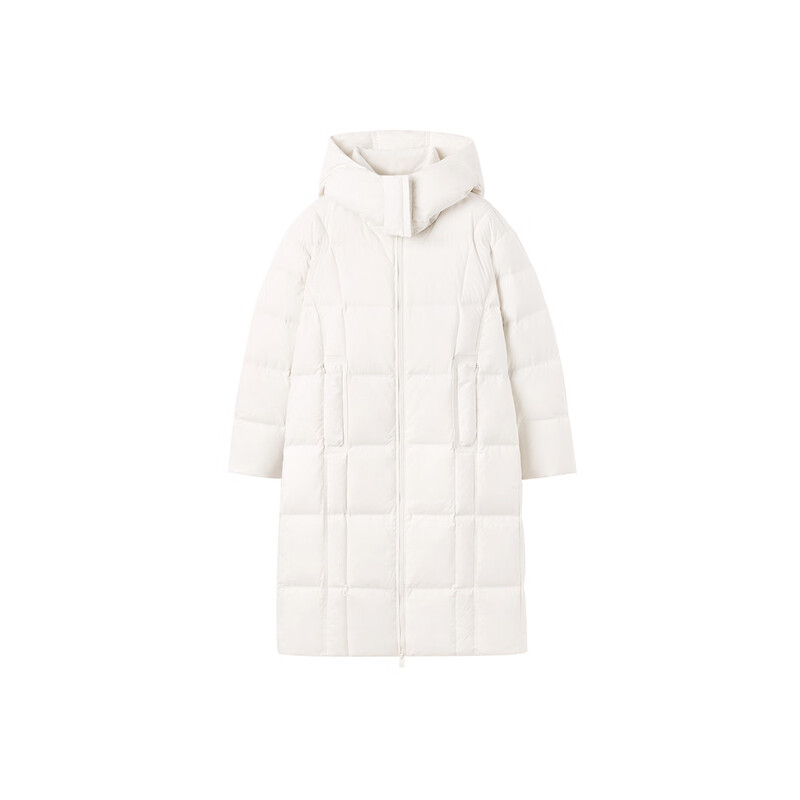 PEACEBIRD 2024 winter removable hooded long puff down jacket A1ACE4325 off-white L (size is too large, take one size smaller)