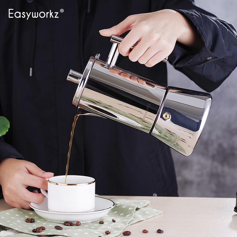 Easyworkz Moka Pot Italian Household 304 Stainless Steel Hand-brewed Coffee Pot Set Induction Stove Heated Espresso Coffee Maker Half Black Model 500ml (Filter Paper Comes with Electric Stove)