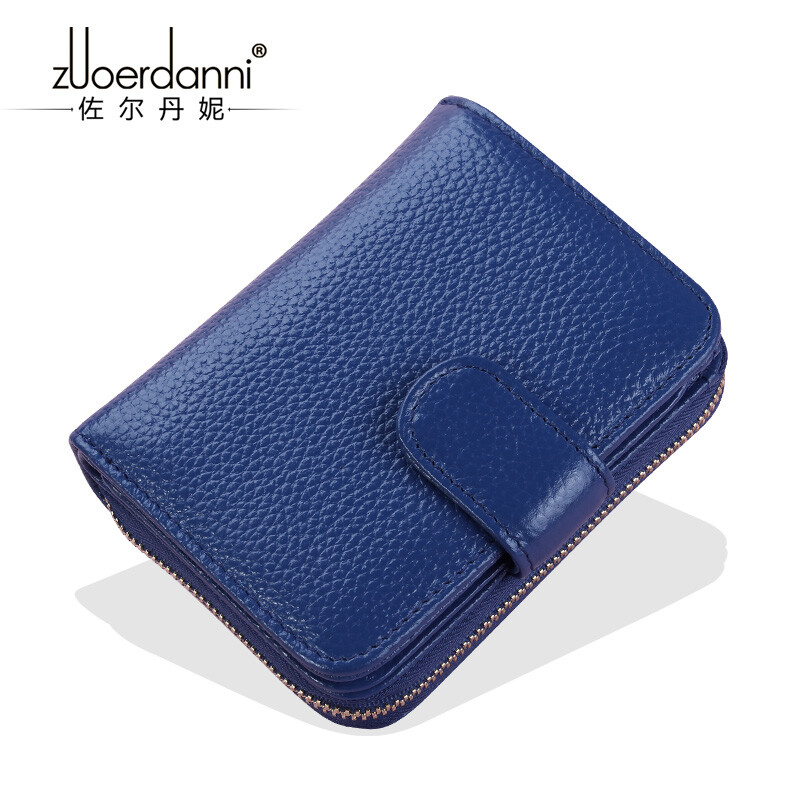 Zordani New Women's Wallet Short Multi-Function Organ Card Holder Zipper Cowhide Driver's License Leather Case Women 1017 Blue